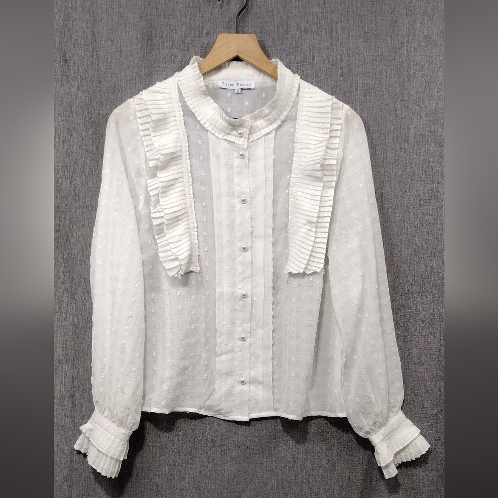 Trish Scully Babydoll Button Shirt Women's 6 White Boho Retro 90s Y2K